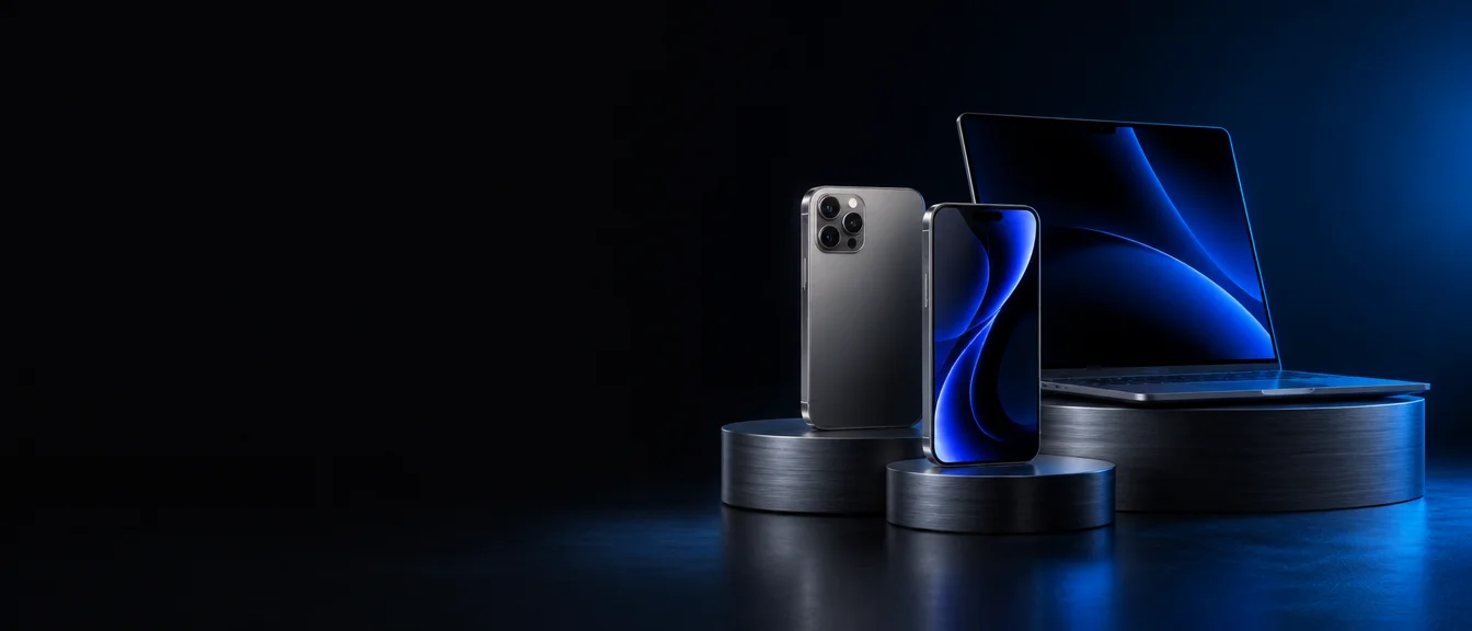 Composizione di smartphone e laptop con luce blu